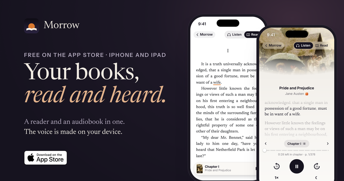 The link card: Your books, read and heard, beside two iPhones showing a page and the audio screen