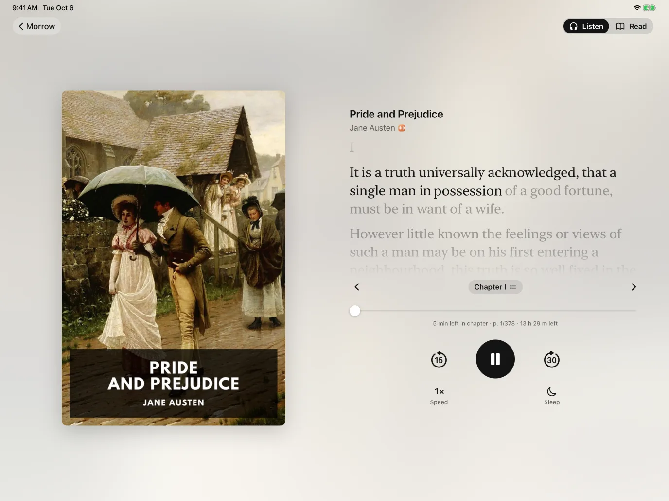 Listening on an iPad set sideways: the cover beside the sentence being read
