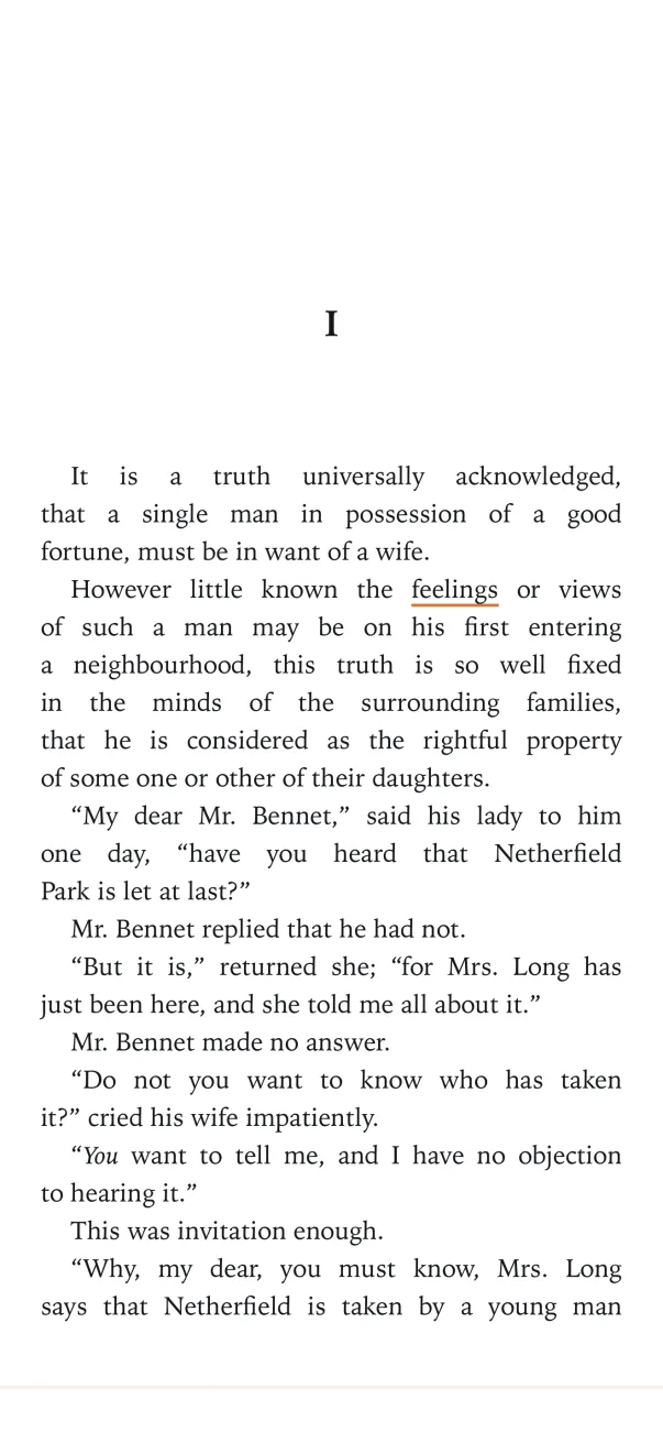 Pride and Prejudice, chapter I, as a page on iPhone, the word being read underlined