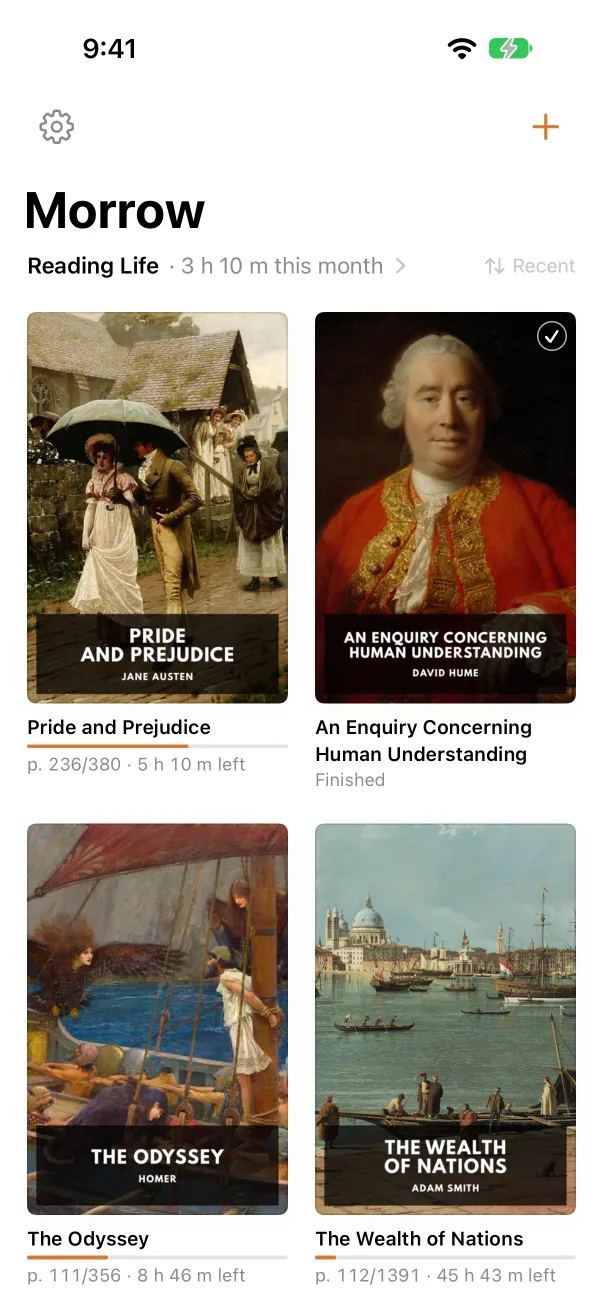 Morrow's shelf on iPhone: covers, each book with its page and hours left