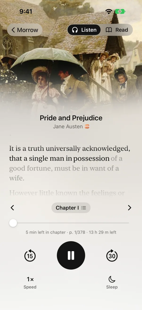 Listening on iPhone: the cover across the top, the words being read, the playback controls